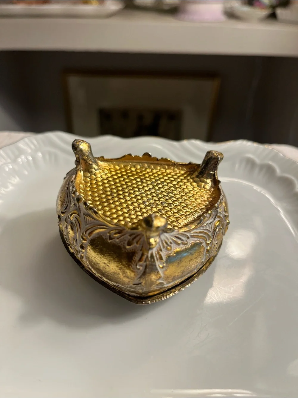 Heart-Shaped Vintage Silver and Gold Trinket Box with Portrait